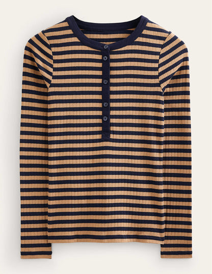 Anna Rib Henley T-Shirt-Navy, Camel-5
