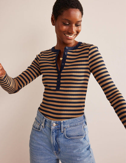 Anna Rib Henley T-Shirt-Navy, Camel-1