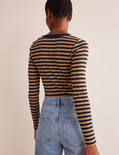 Anna Rib Henley T-Shirt-Navy, Camel-3