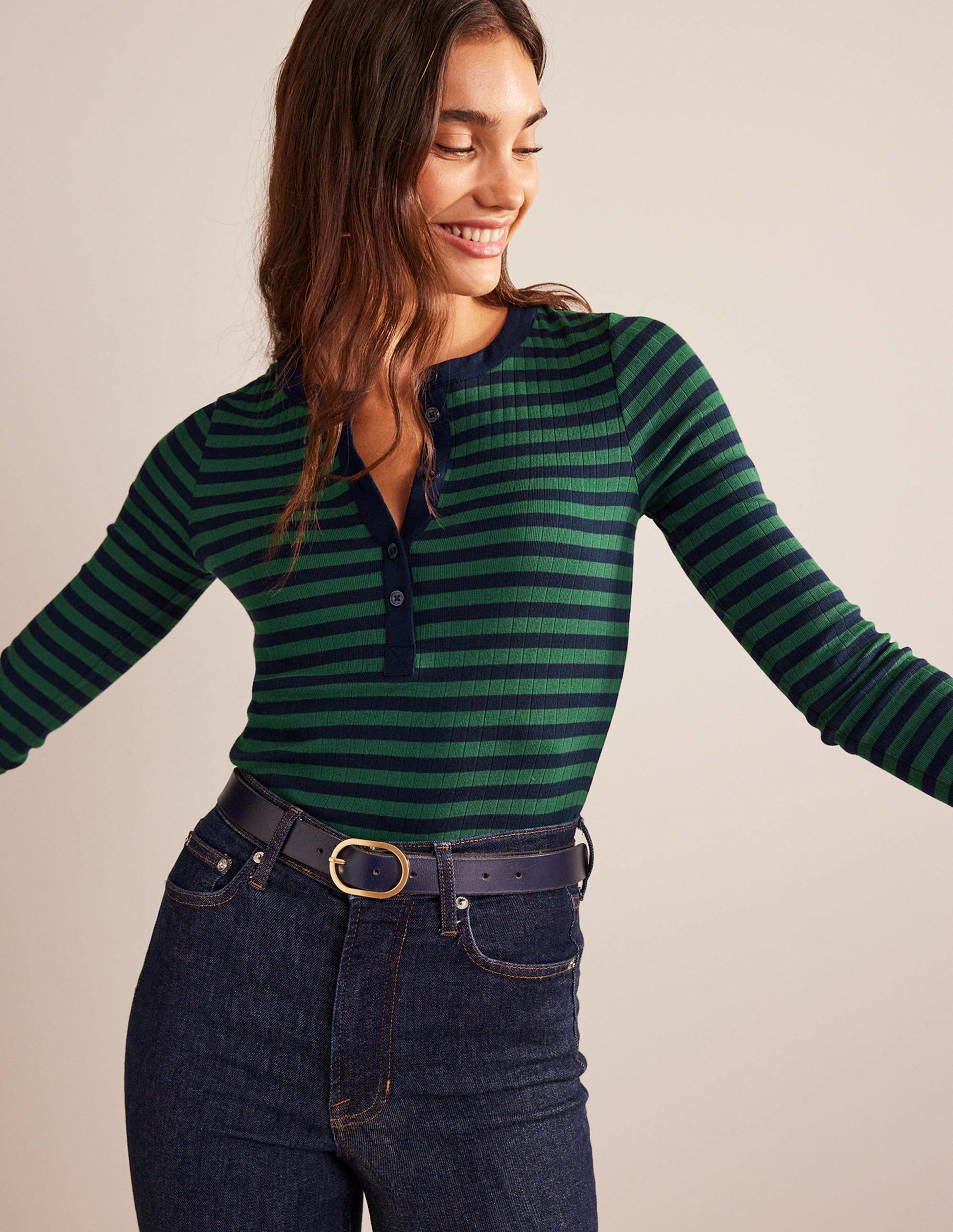 Anna Rib Henley T-Shirt-Green, Navy-1