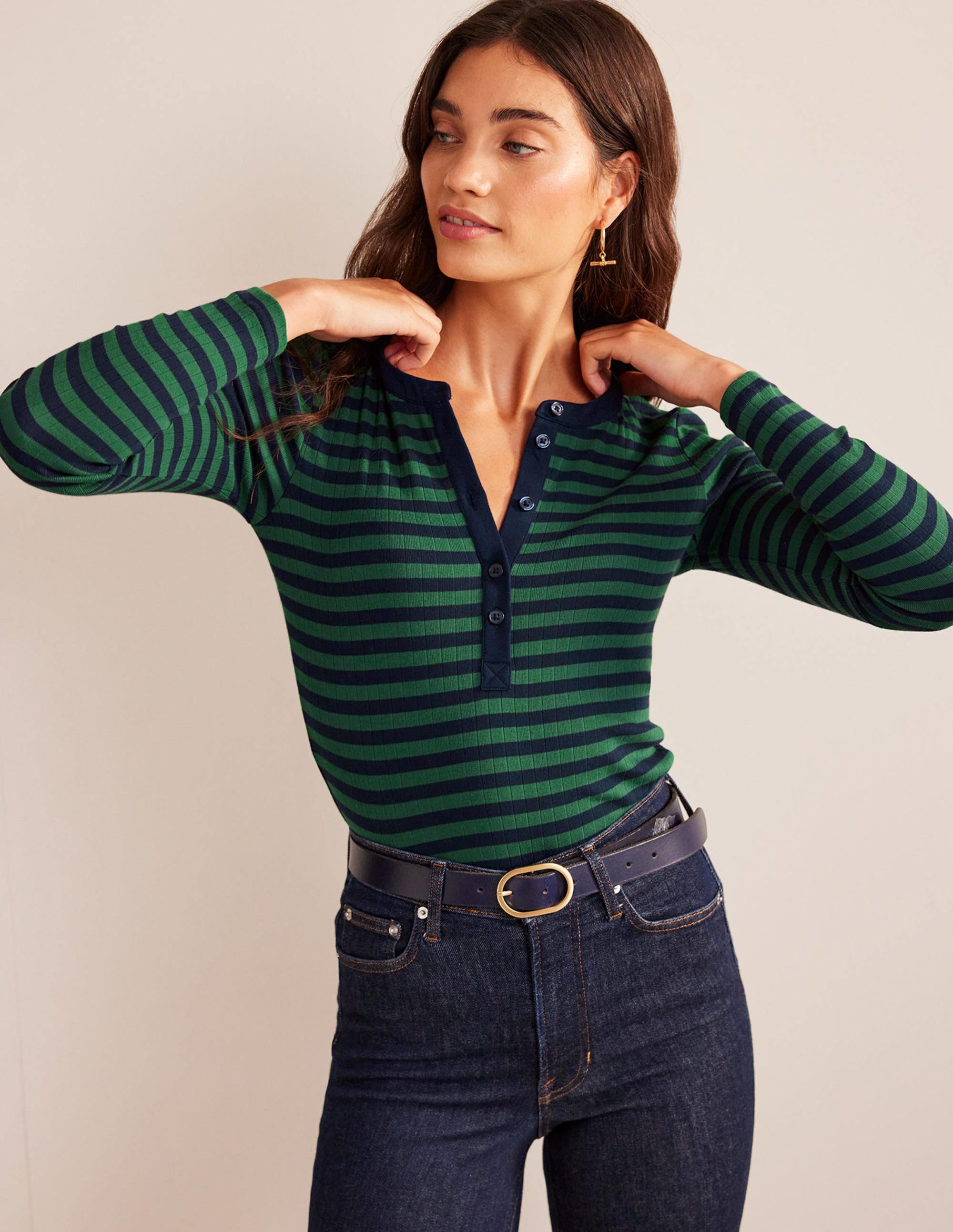 Anna Rib Henley T-Shirt-Green, Navy - Image 4