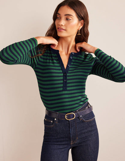 Anna Rib Henley T-Shirt-Green, Navy-4