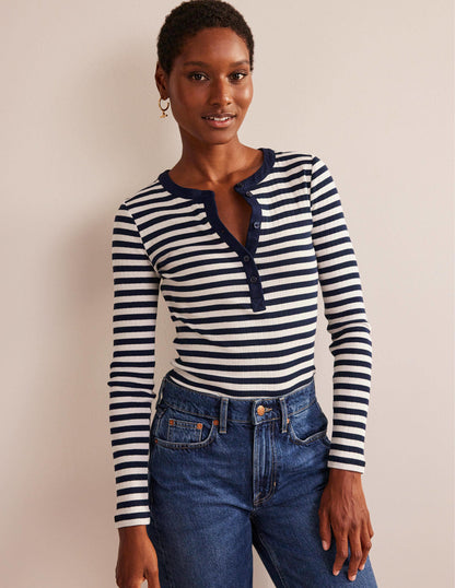 Anna Rib Henley T-Shirt-Navy, Ivory-1