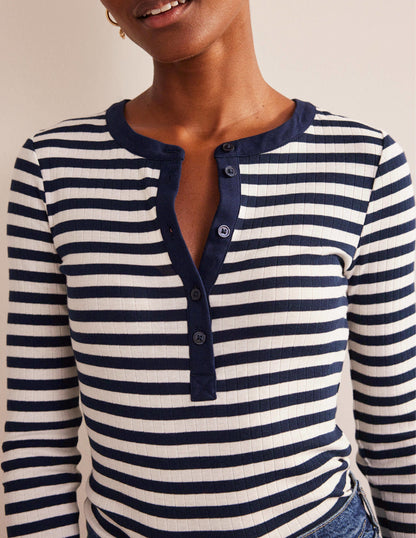 Anna Rib Henley T-Shirt-Navy, Ivory-2