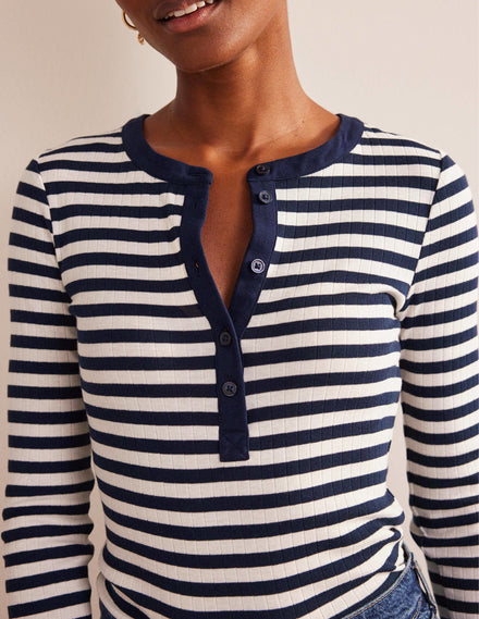 Anna Rib Henley T-Shirt-Navy, Ivory