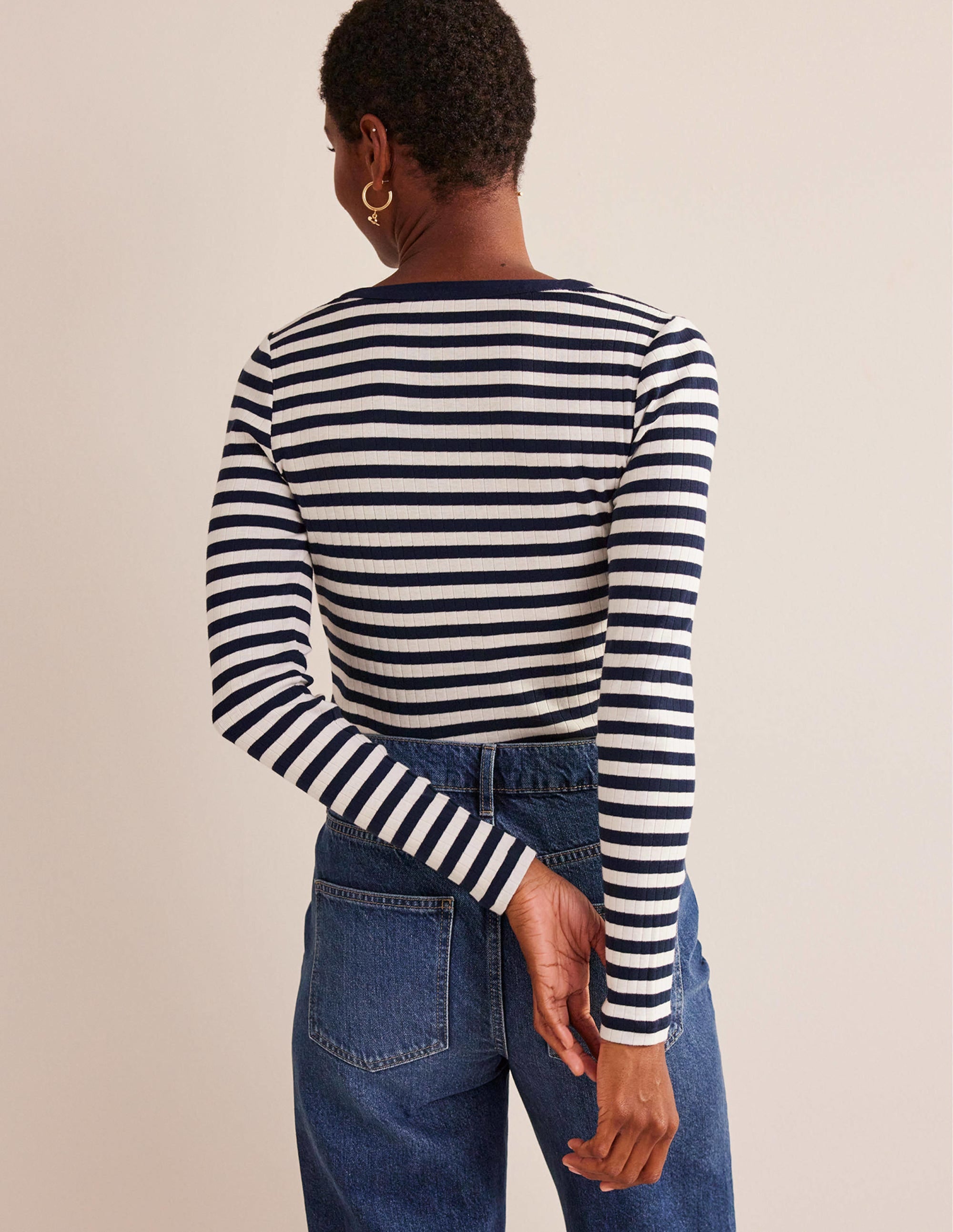 Anna Rib Henley T-Shirt-Navy, Ivory - Image 3