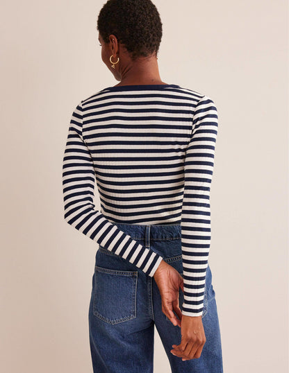 Anna Rib Henley T-Shirt-Navy, Ivory-3