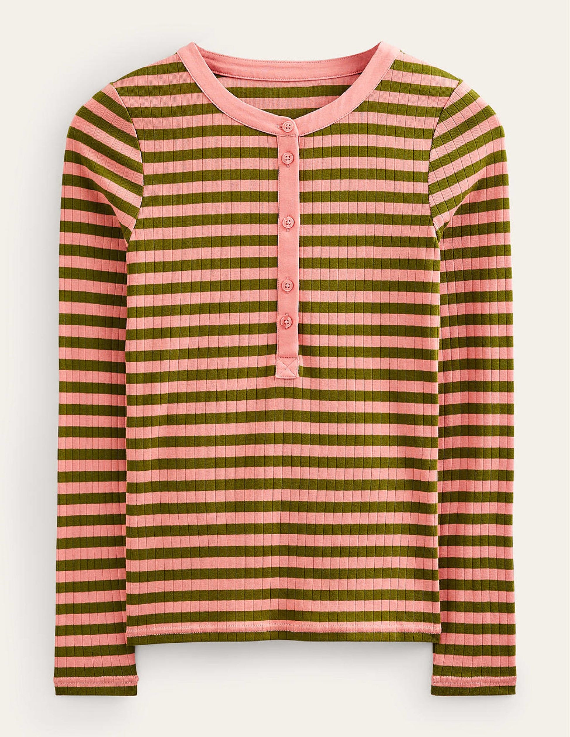 Anna Rib Henley T-Shirt-Rosette Blush, Olive Green-5