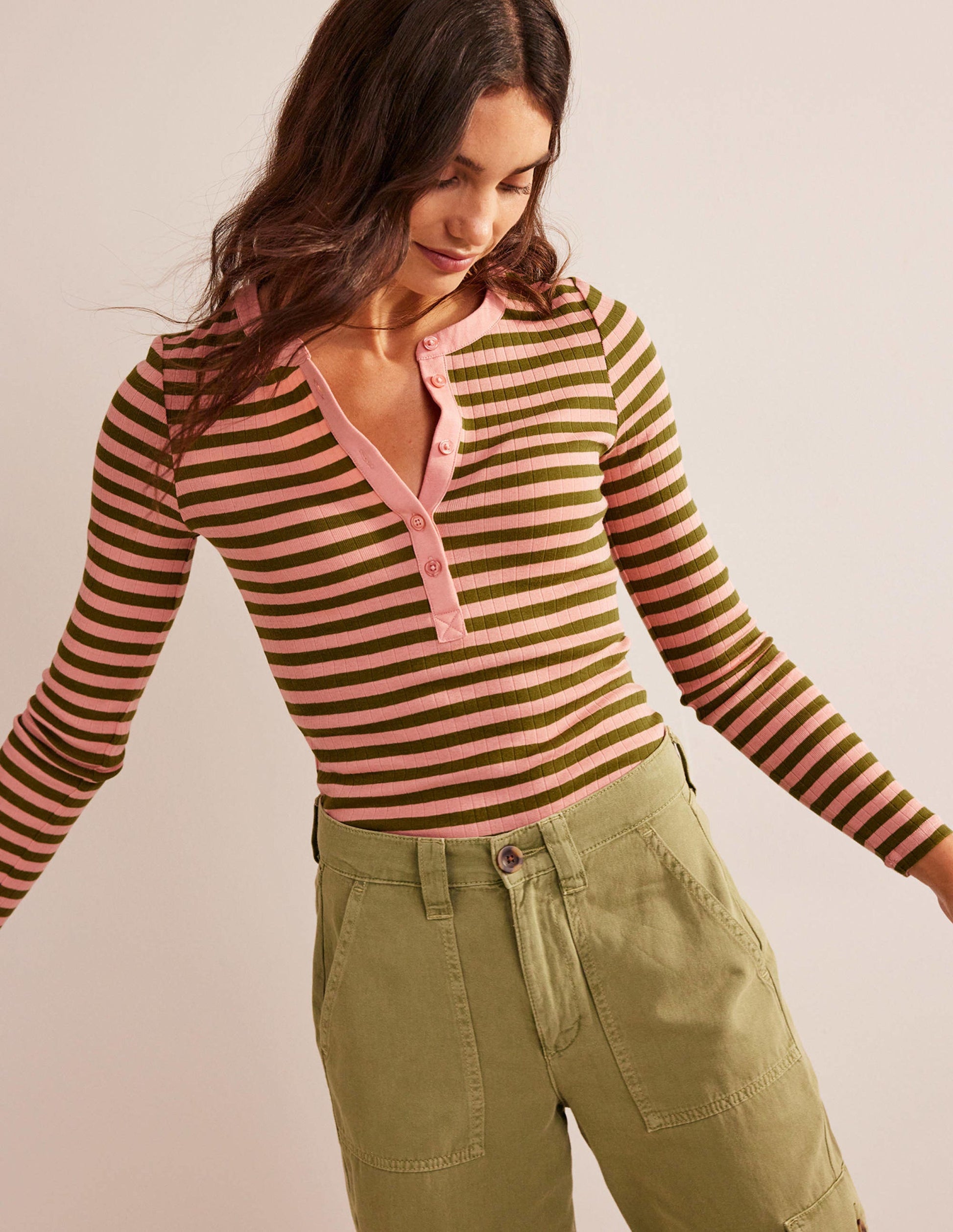 Anna Rib Henley T-Shirt-Rosette Blush, Olive Green-1