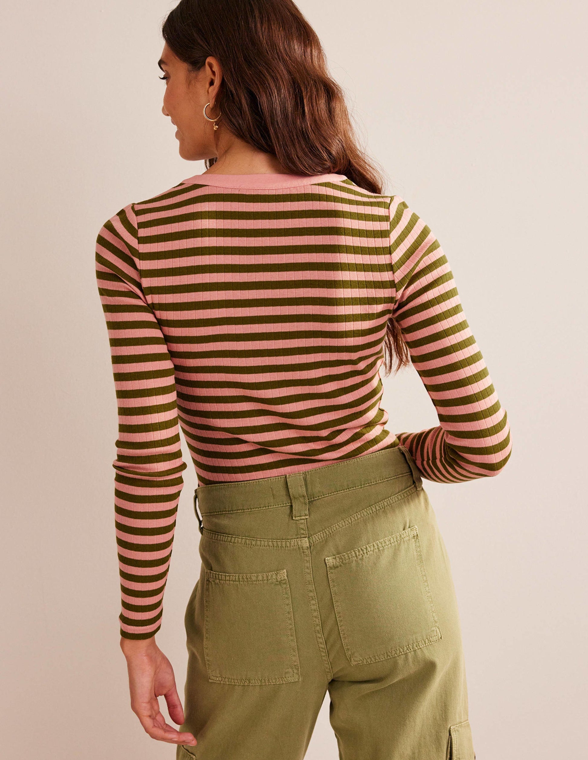 Anna Rib Henley T-Shirt-Rosette Blush, Olive Green-3