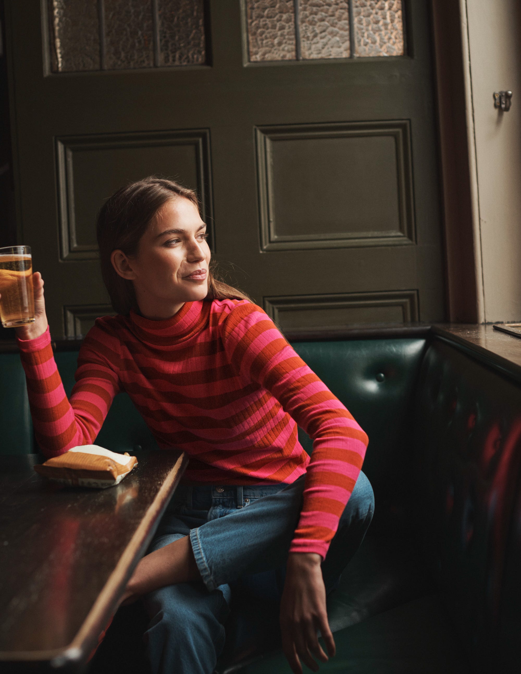 Anna Rib Roll Neck Top-Bright Rust, Vibrant Pink - Image 7