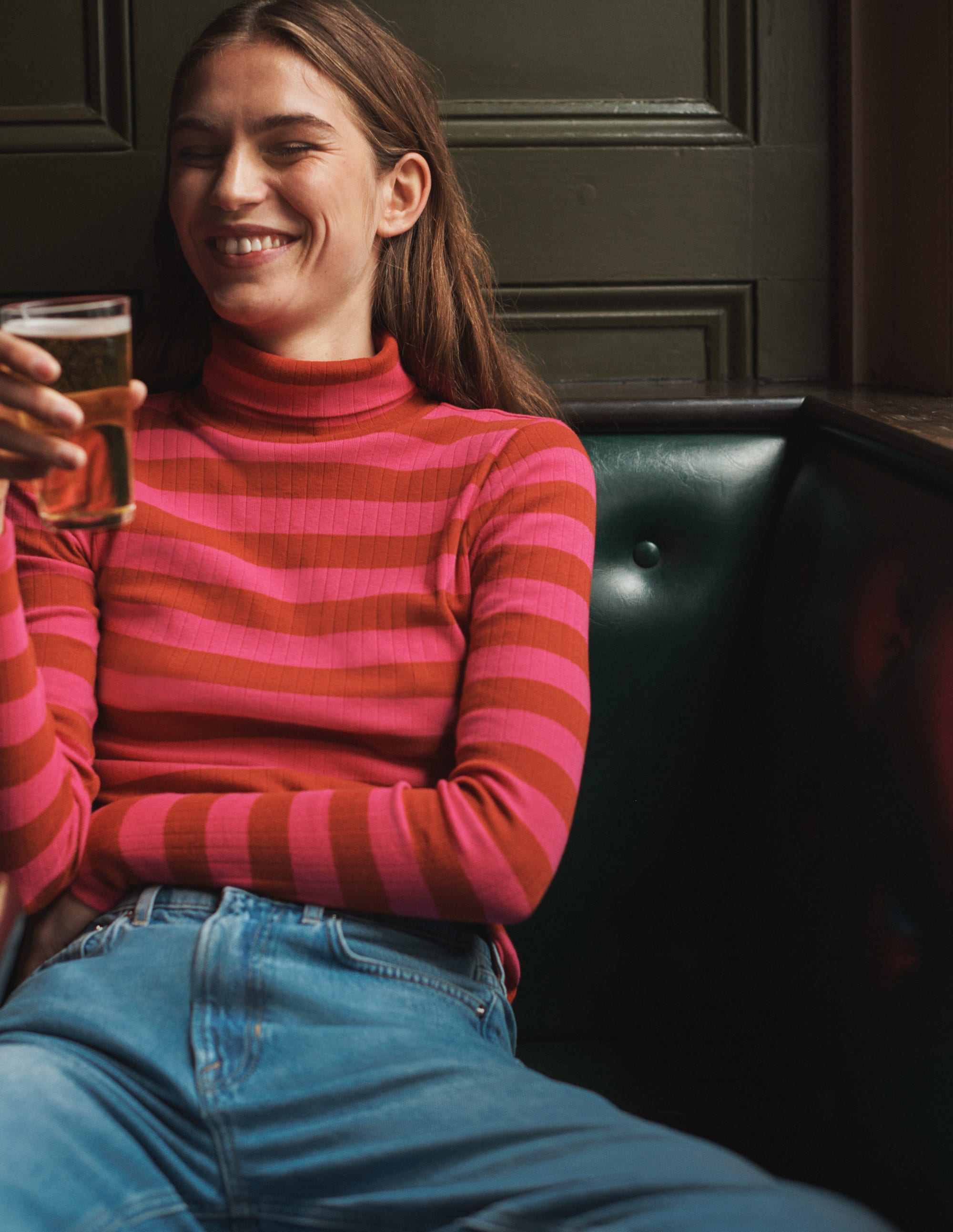 Anna Rib Roll Neck Top-Bright Rust, Vibrant Pink - Image 8