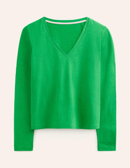Cotton V-Neck Long Sleeve Top-Bright Green-5