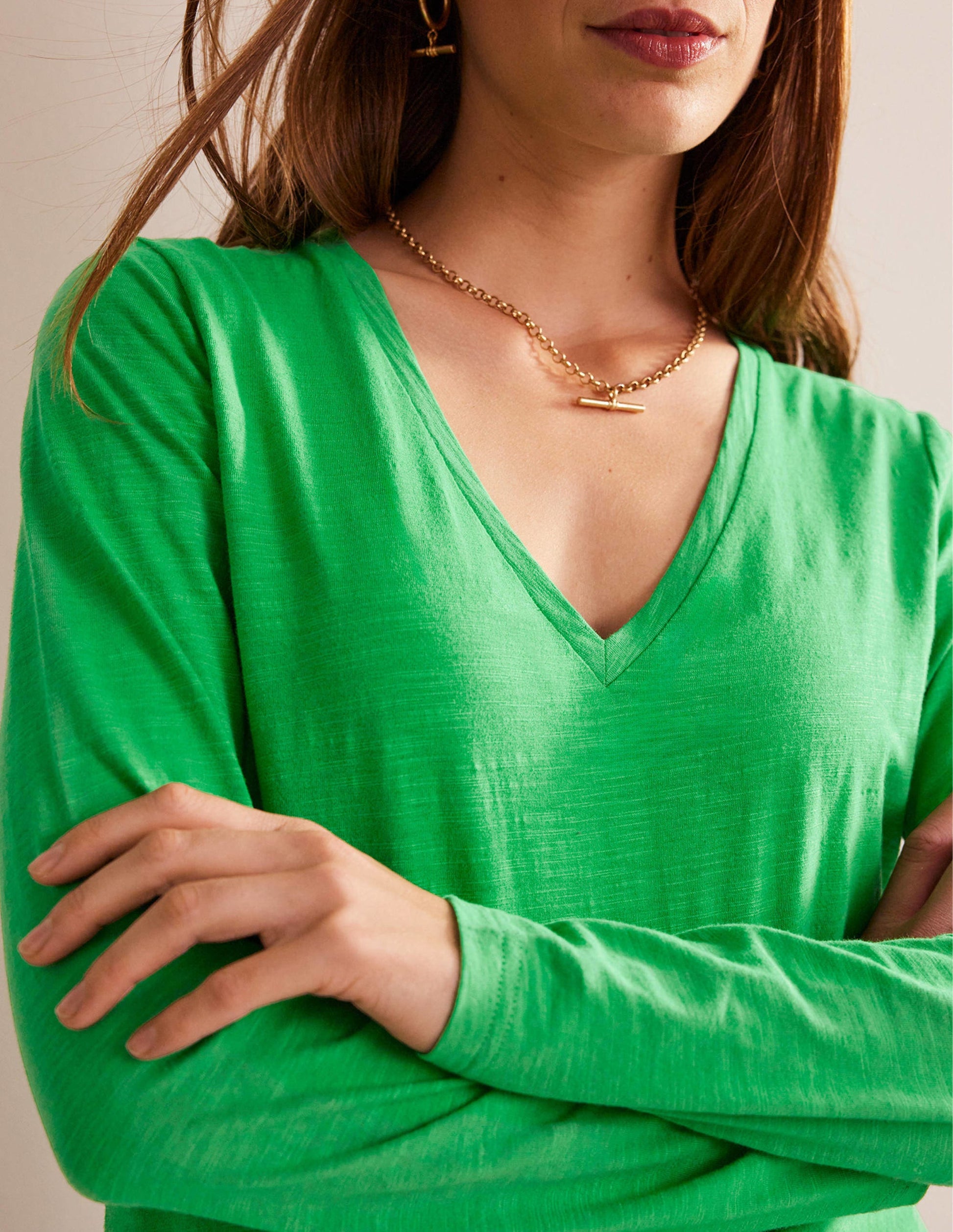Cotton V-Neck Long Sleeve Top-Bright Green-2