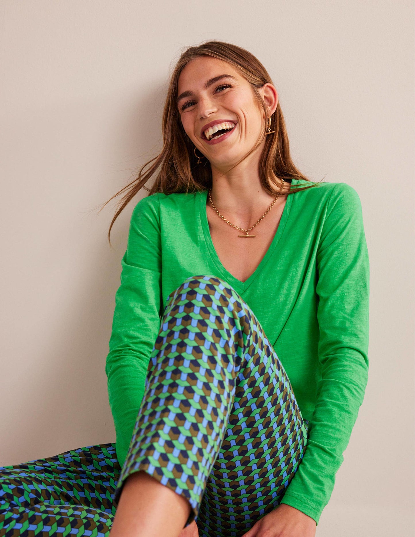 Cotton V-Neck Long Sleeve Top-Bright Green
