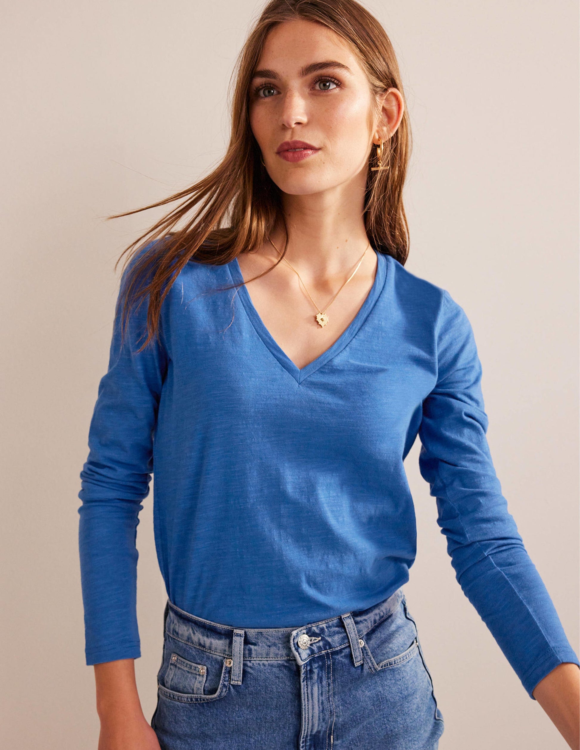 Cotton V-Neck Long Sleeve Top-Meadow Spring-1