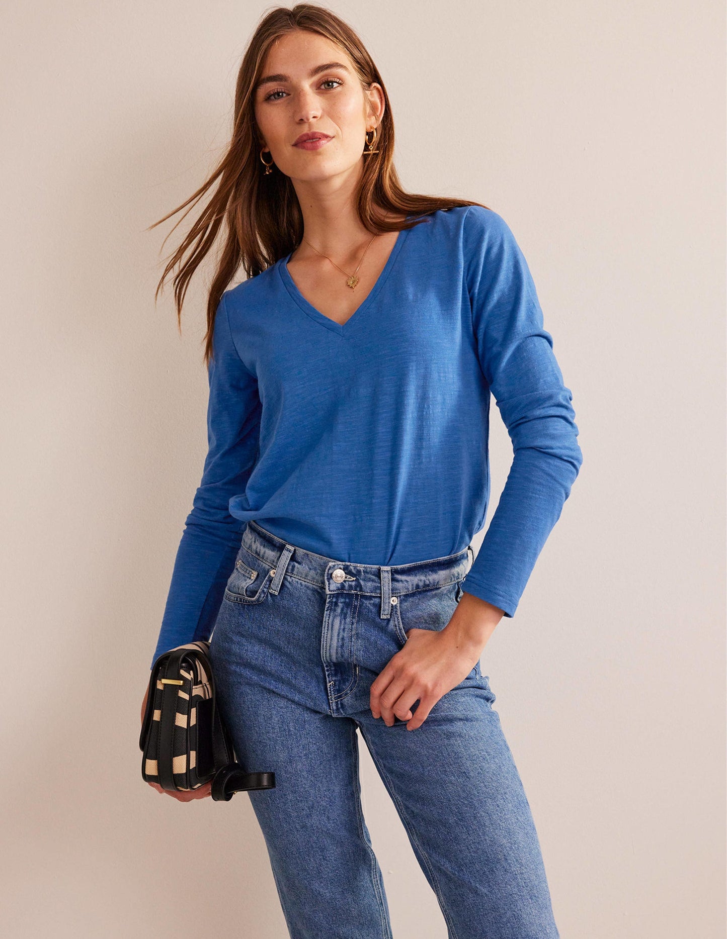 Cotton V-Neck Long Sleeve Top-Meadow Spring
