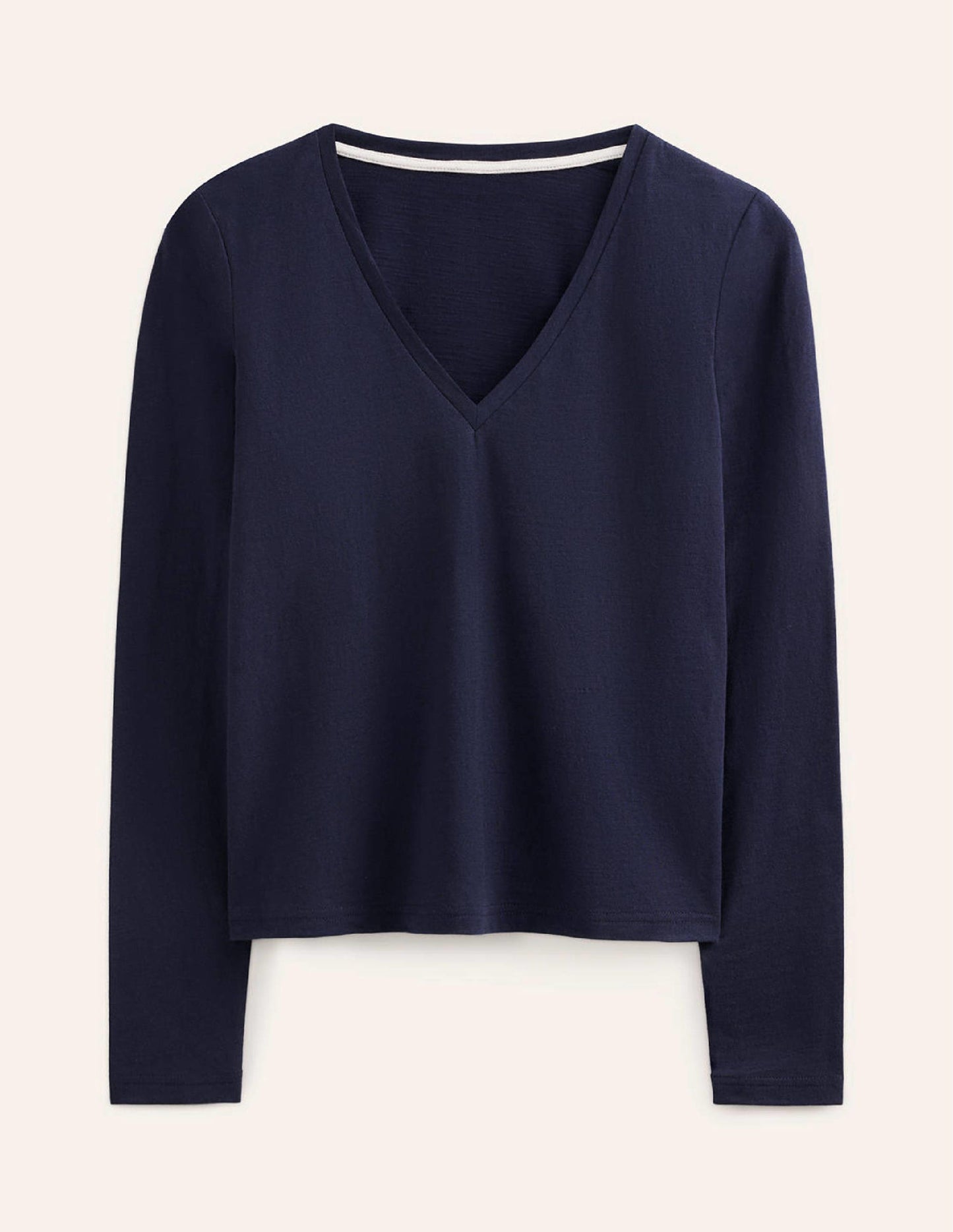 Cotton V-Neck Long Sleeve Top-Navy