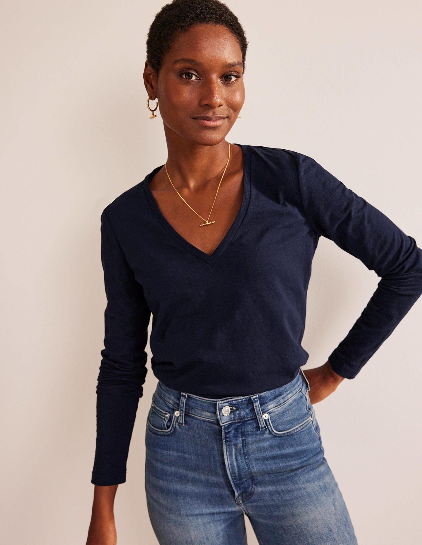 Cotton V-Neck Long Sleeve Top-Navy