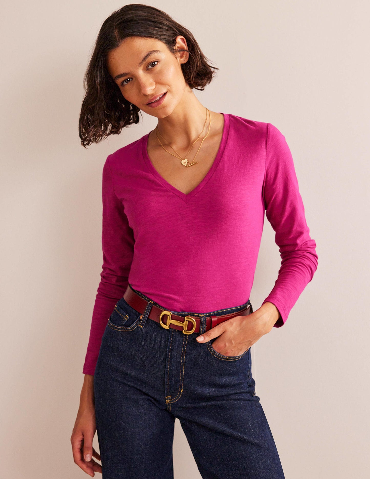 Cotton V-Neck Long Sleeve Top-Festival Fushsia