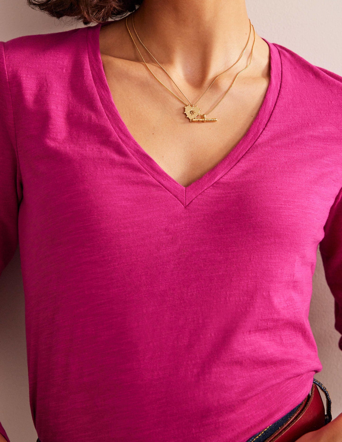 Cotton V-Neck Long Sleeve Top-Festival Fushsia