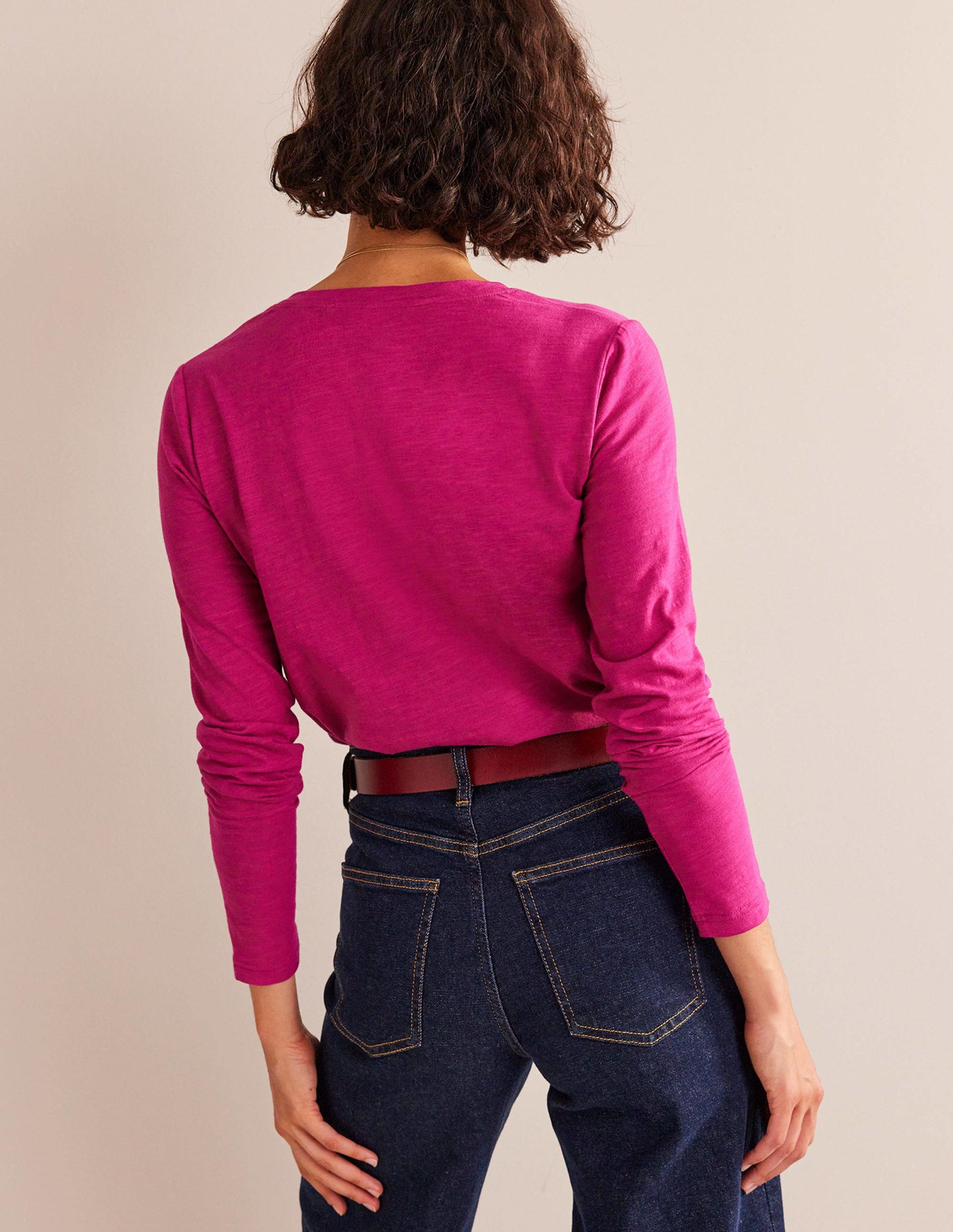Cotton V-Neck Long Sleeve Top-Festival Fushsia-3