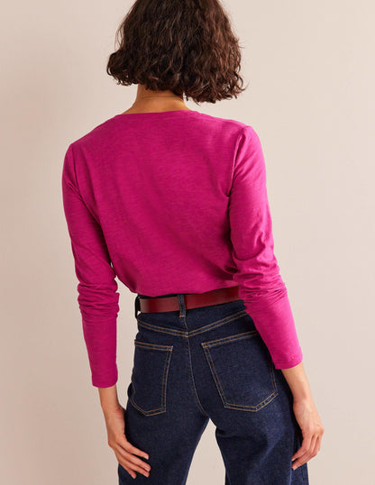 Cotton V-Neck Long Sleeve Top-Festival Fushsia-3