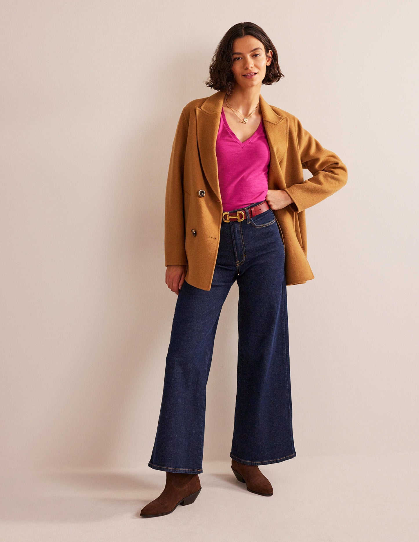 Cotton V-Neck Long Sleeve Top-Festival Fushsia