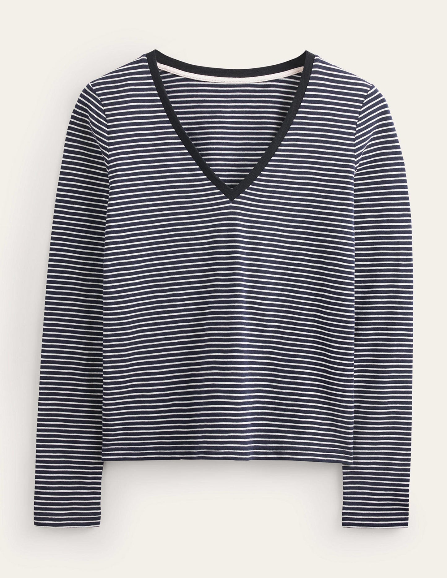 Cotton V-Neck Long Sleeve Top-Navy, Ivory