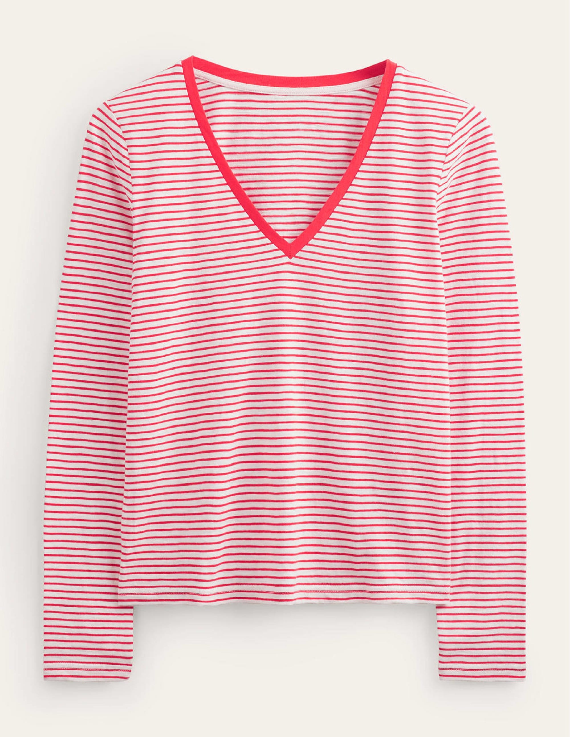 Cotton V-Neck Long Sleeve Top-Ivory, Red - Image 5
