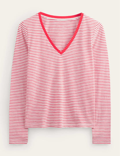 Cotton V-Neck Long Sleeve Top-Ivory, Red-5