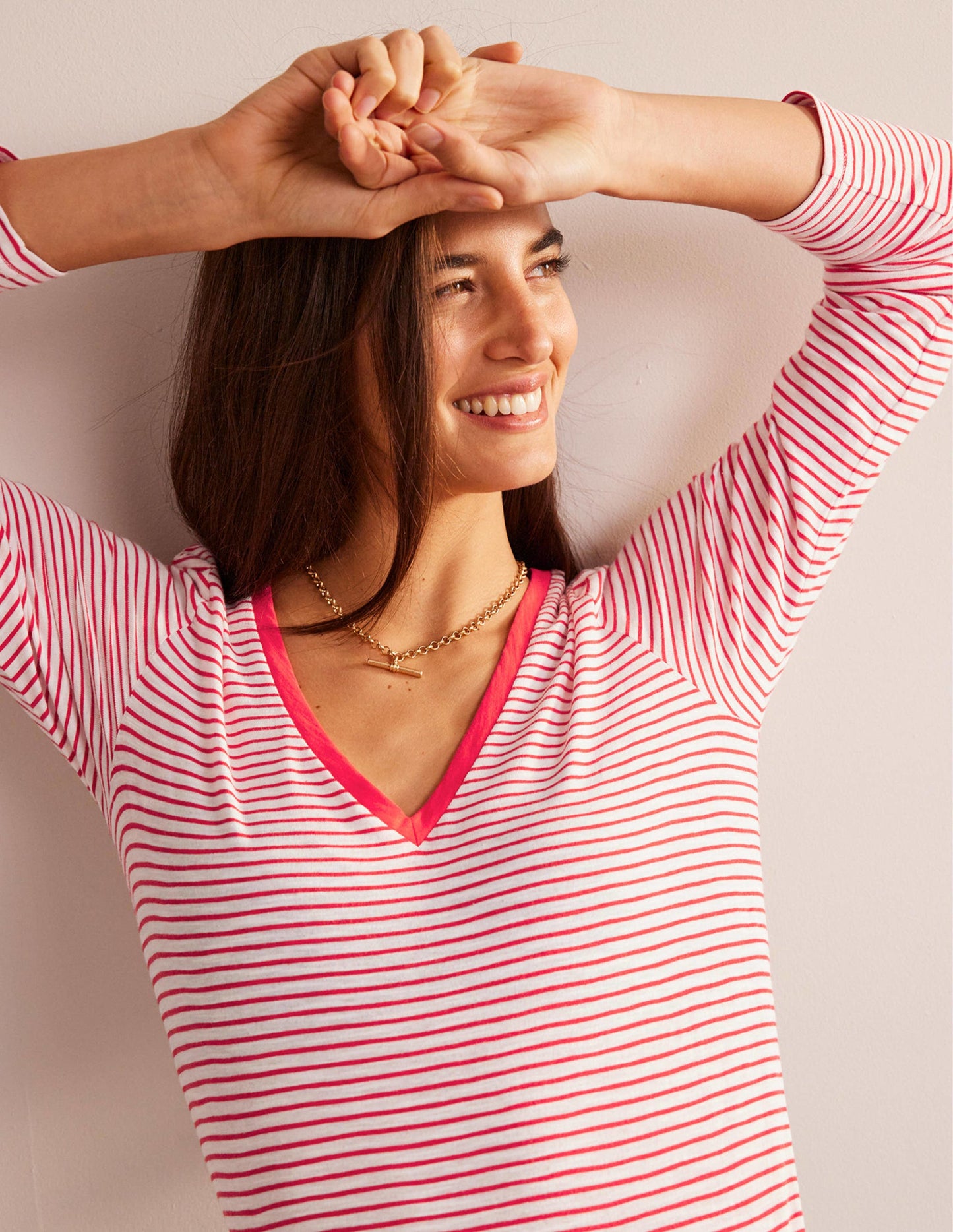 Cotton V-Neck Long Sleeve Top-Ivory, Red