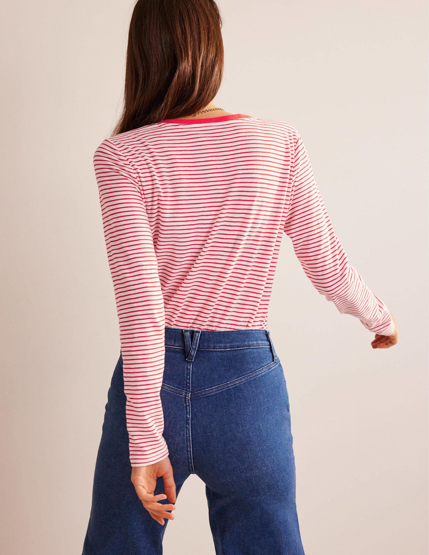 Cotton V-Neck Long Sleeve Top-Ivory, Red