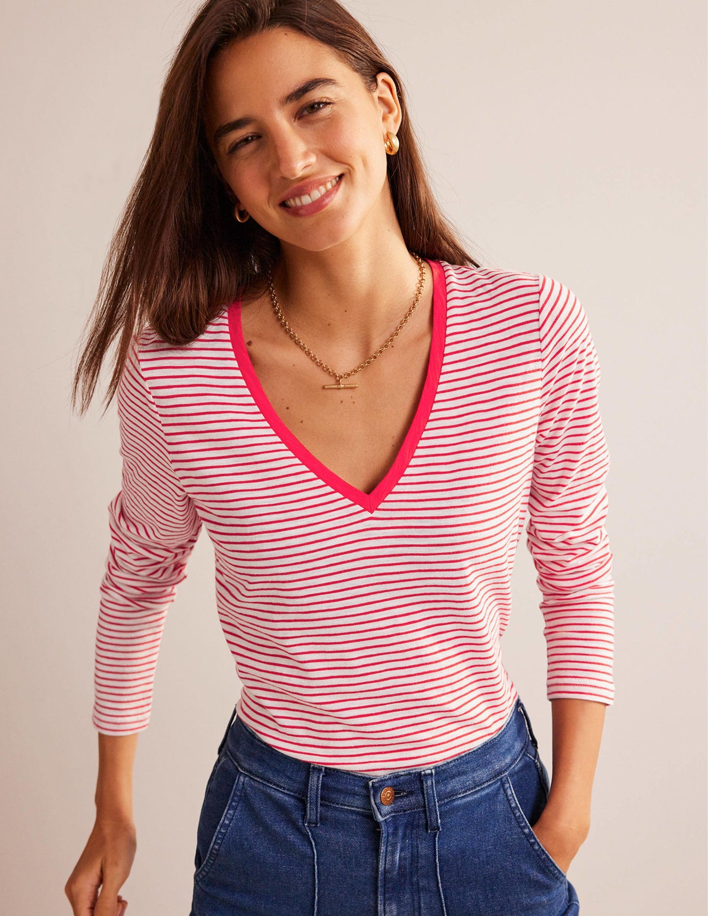 Cotton V-Neck Long Sleeve Top-Ivory, Red