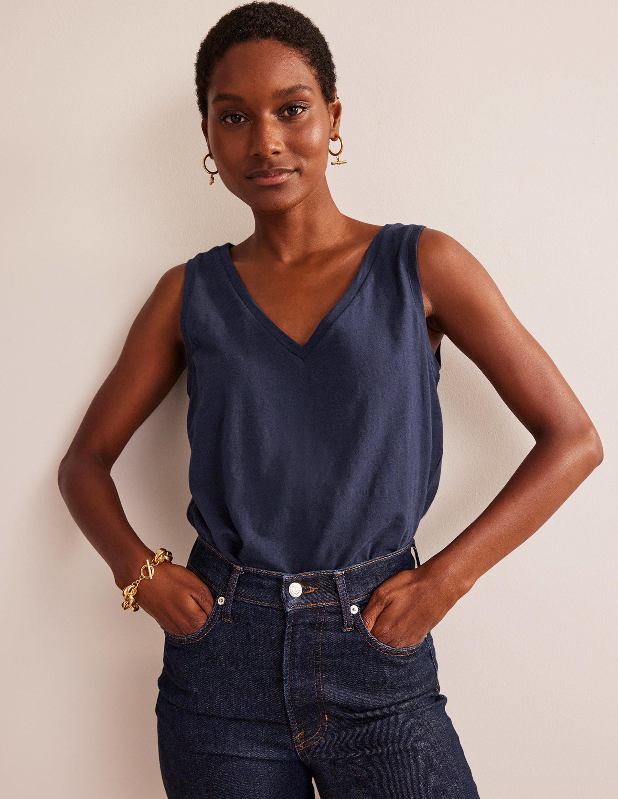 Regular V-neck Slub Vest-Navy - Image 1