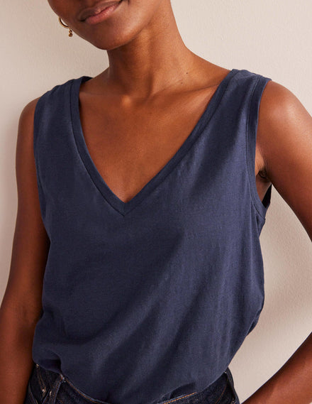 Regular V-neck Slub Vest-Navy