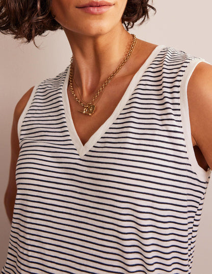 Regular V-neck Slub Vest-Navy, Ivory