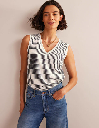 Regular V-neck Slub Vest-Navy, Ivory