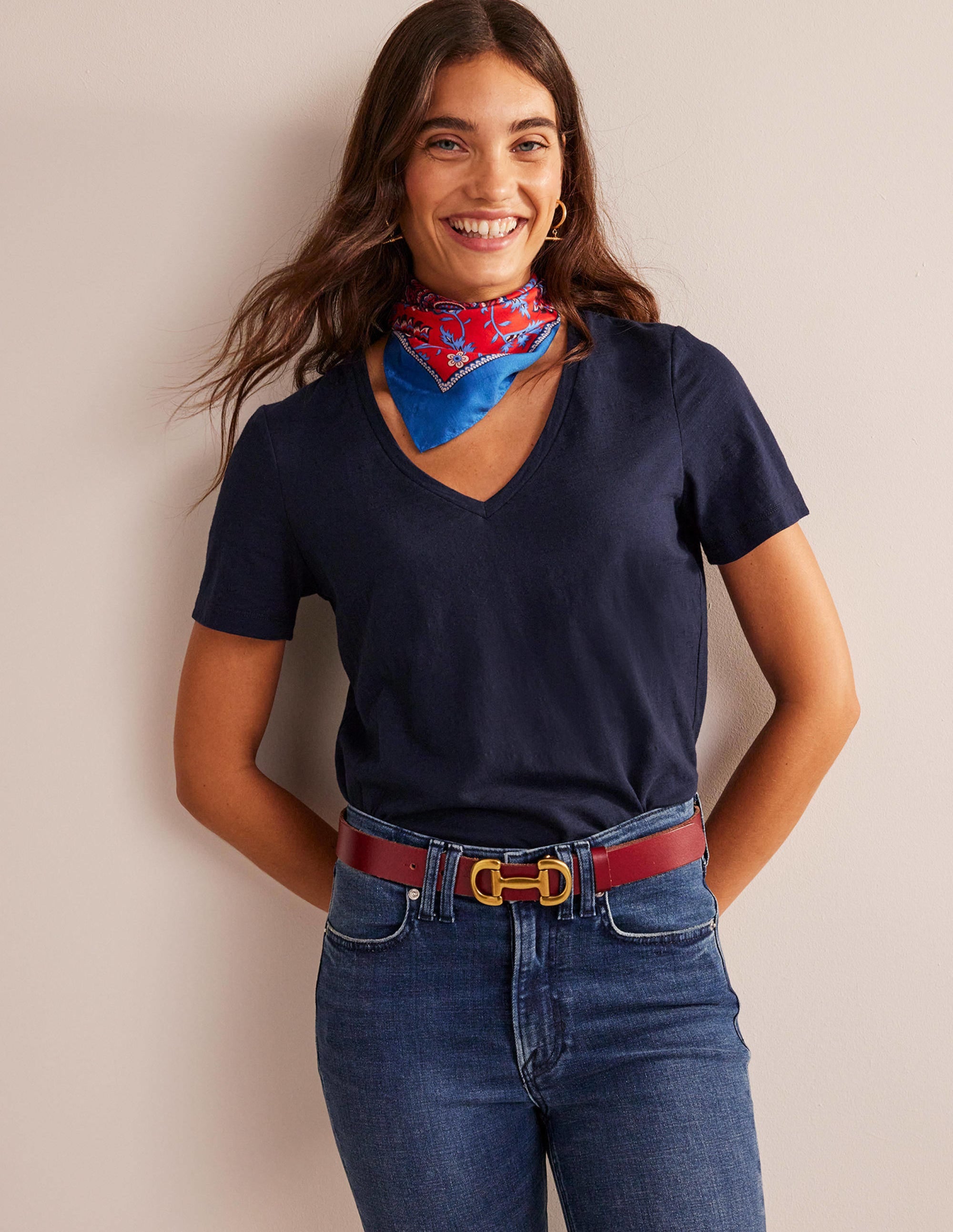 Regular V-Neck Slub T-shirt-Navy - Image 1