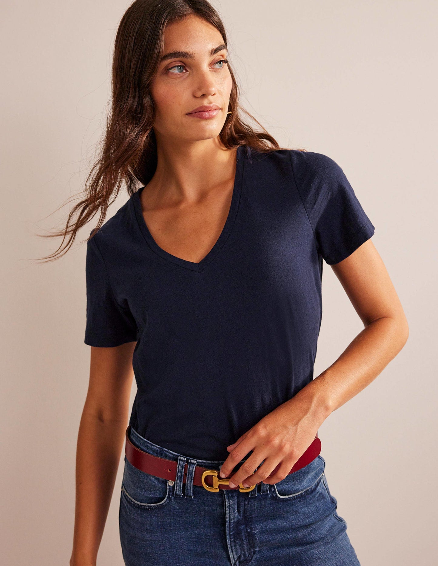 Regular V-Neck Slub T-shirt-Navy