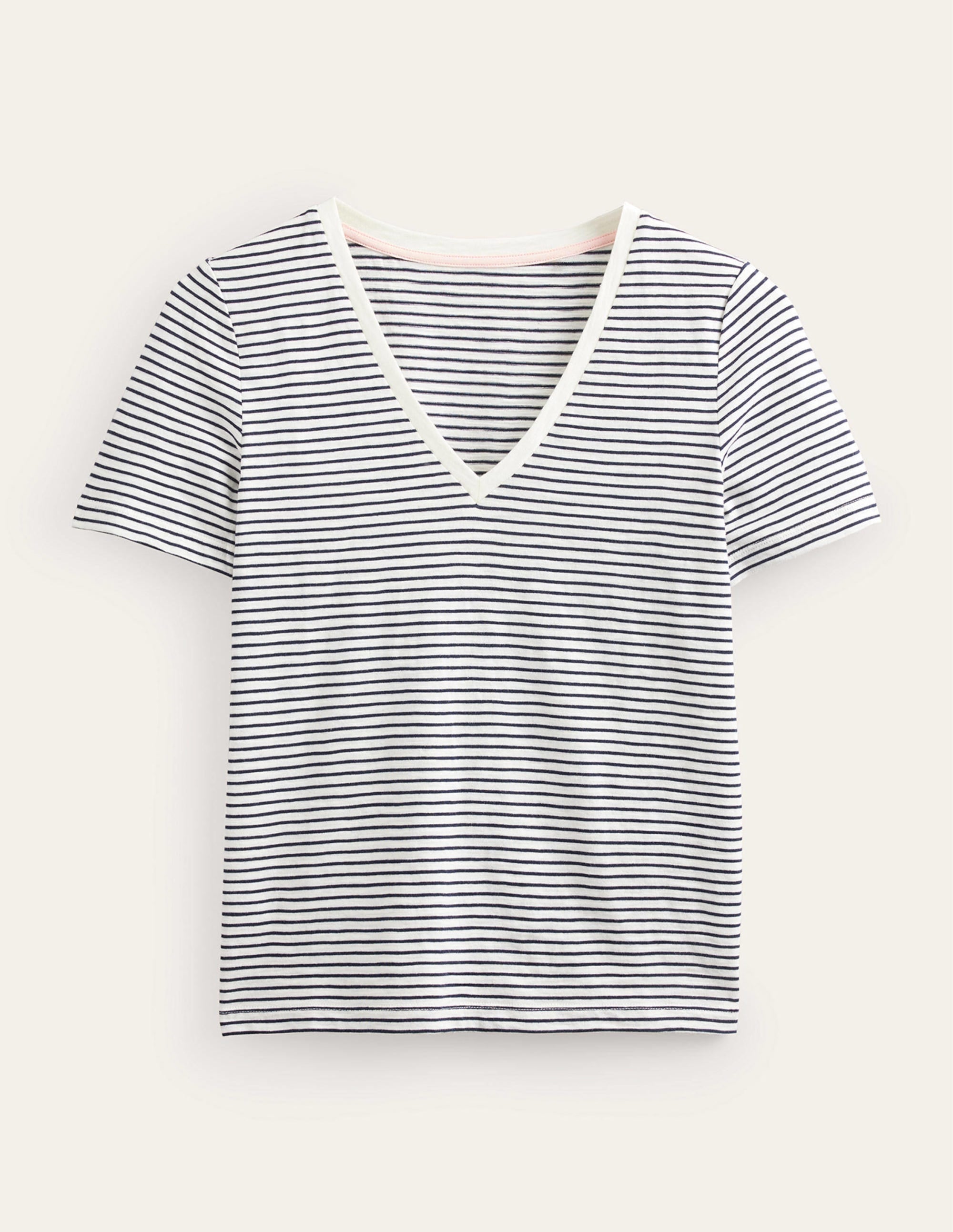 Regular V-Neck Slub T-shirt-Ivory, Navy - Image 5
