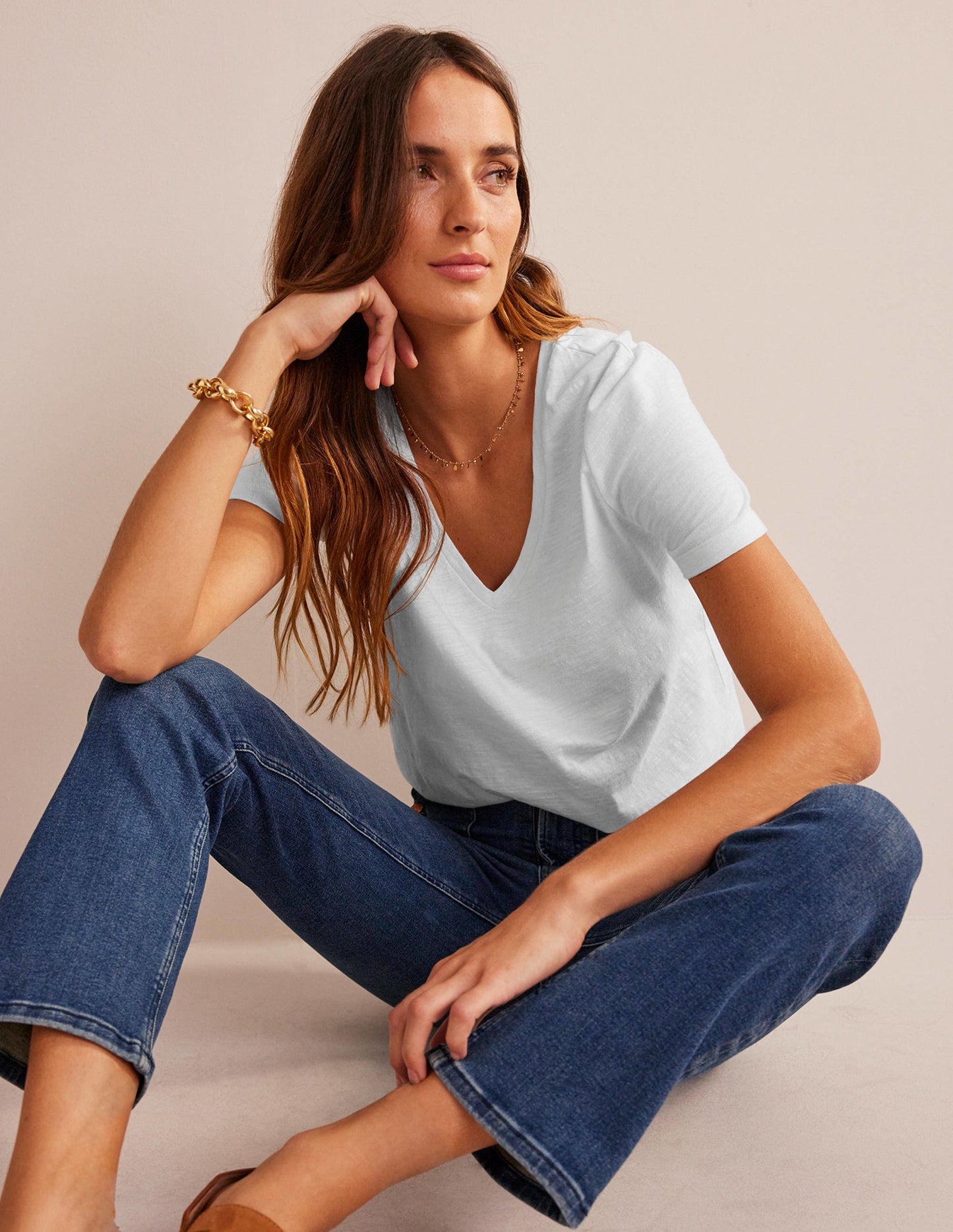 Regular V-Neck Slub T-shirt-White