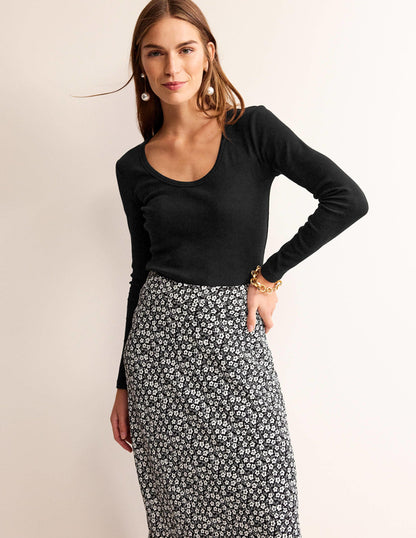 Cotton Rib Scoop Neck Top-Black-1