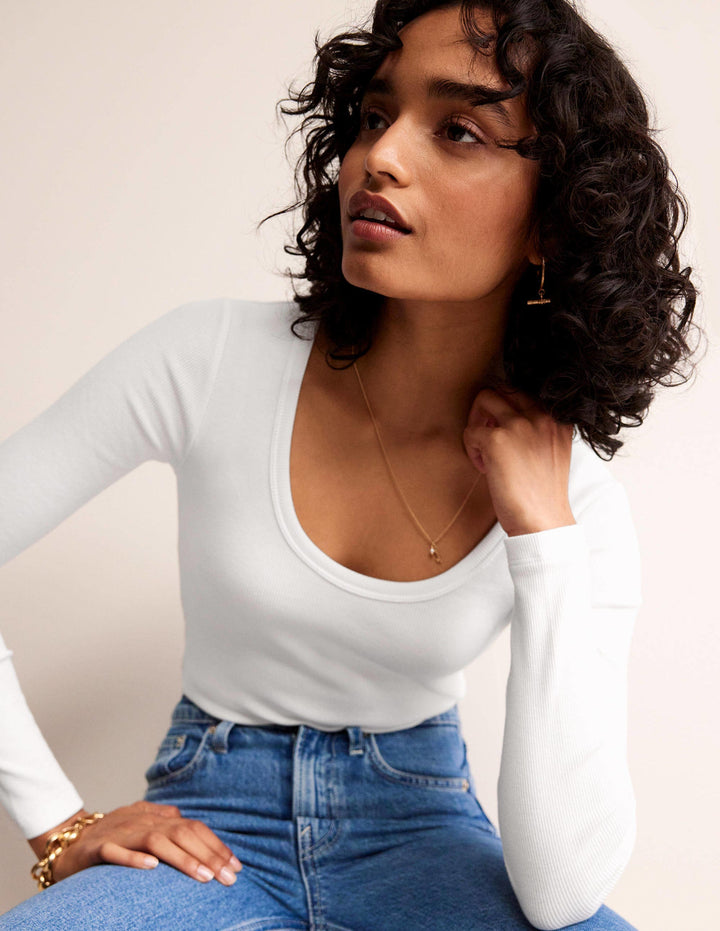 Cotton Rib Scoop Neck Top-White