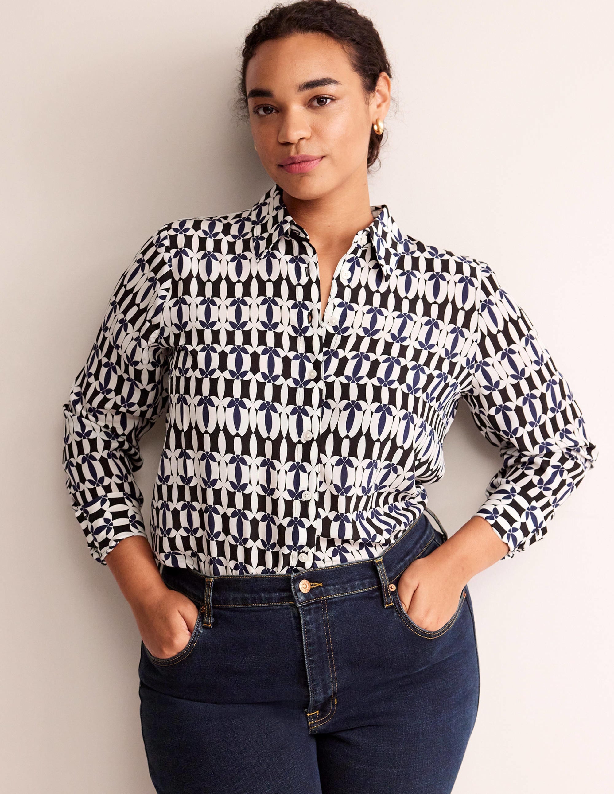 Sienna Silk Shirt-Black, Geometric - Image 5
