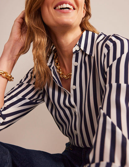 Sienna Silk Shirt-Ivory, Navy Stripe