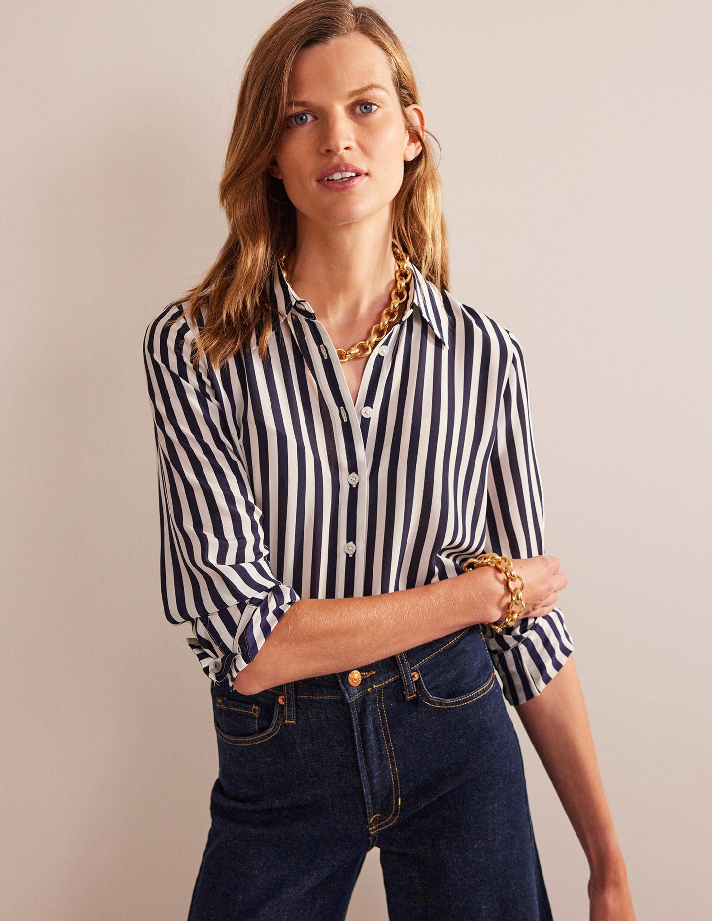 Sienna Silk Shirt-Ivory, Navy Stripe