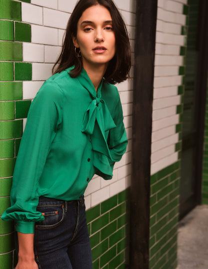 Bow-Neck Button-Down Blouse-Veridian Green-5