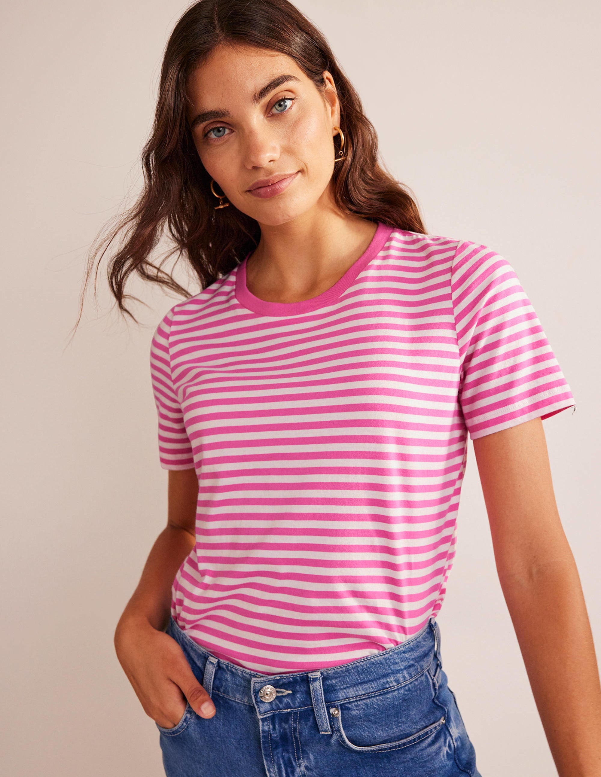 Pure Cotton Crew T-shirt-Ivory, Pink - Image 1