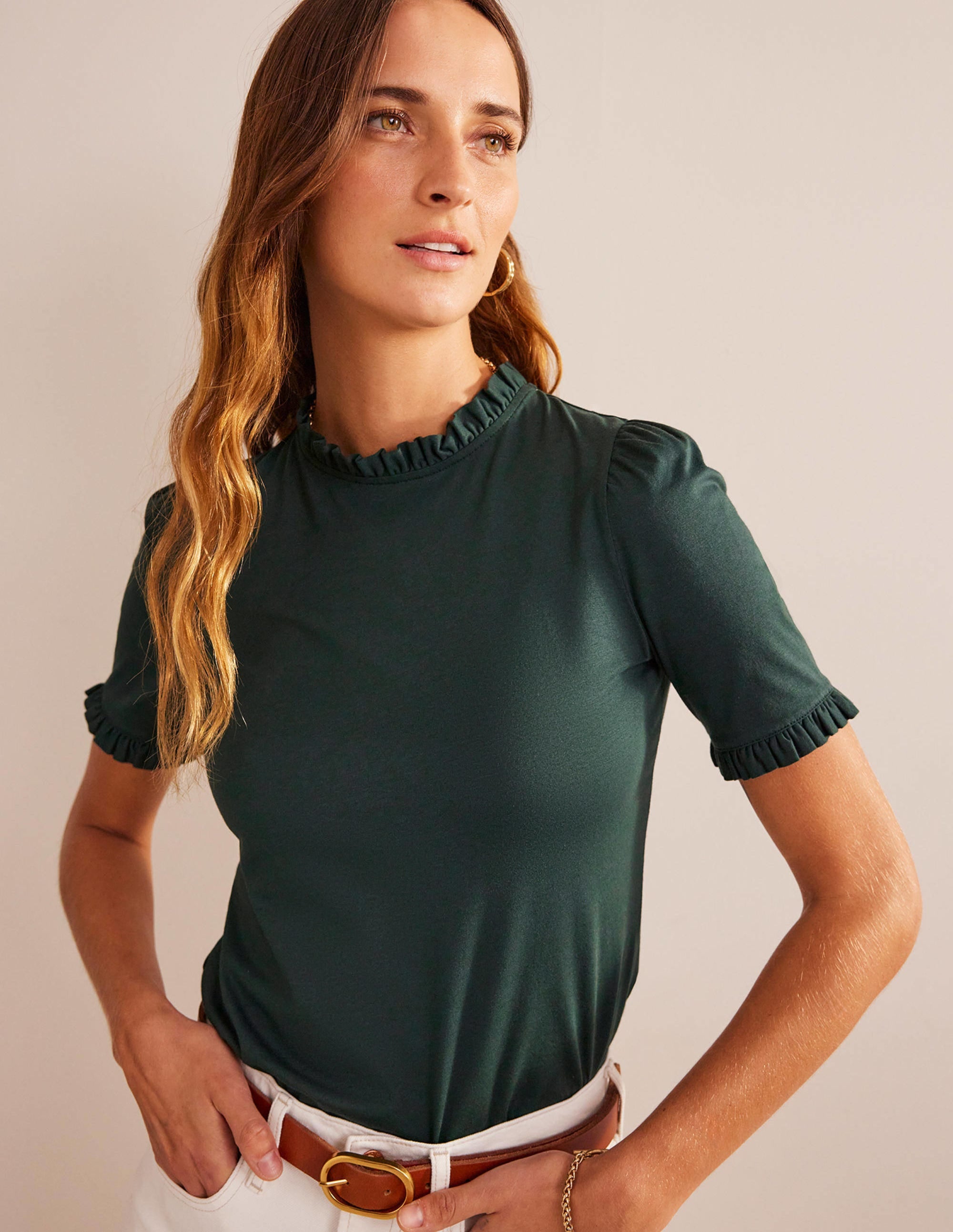 Supersoft Frill Detail T-shirt-Chatsworth Green - Image 1